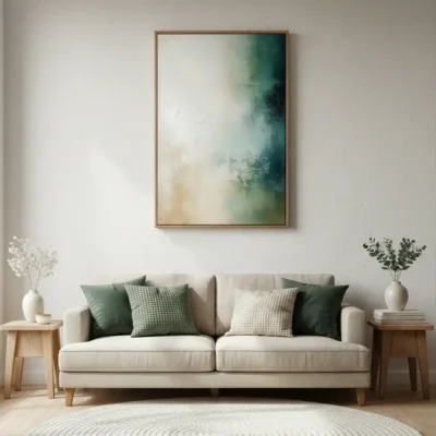 Layered abstract hand-painted canvas in soft greens, creams, and teal with gestural brushwork, contemporary living space