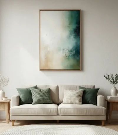 Layered abstract hand-painted canvas in soft greens, creams, and teal with gestural brushwork, contemporary living space