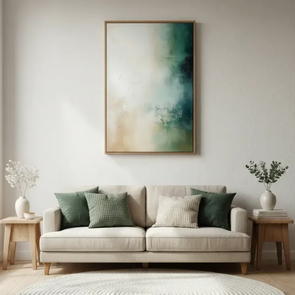 Layered abstract hand-painted canvas in soft greens, creams, and teal with gestural brushwork, contemporary living space