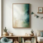 Layered abstract hand-painted canvas in soft greens, creams, and teal with textured gestural brushwork, contemporary living space