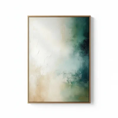 Layered abstract hand-painted canvas in soft teal, cream, and sage green with textured brushwork and muted tones