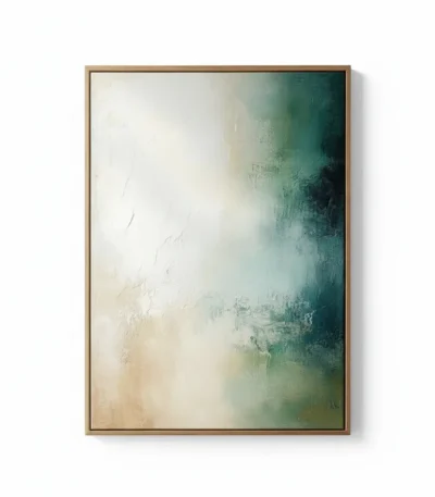 Layered abstract hand-painted canvas in soft teal, cream, and sage green with textured brushwork and muted tones