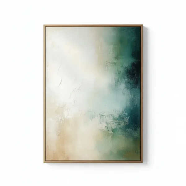 Layered abstract hand-painted canvas in soft teal, cream, and sage green with textured brushwork and muted tones