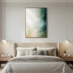 Layered abstract hand-painted canvas in soft greens, creams, and muted tones with atmospheric depth, contemporary bedroom