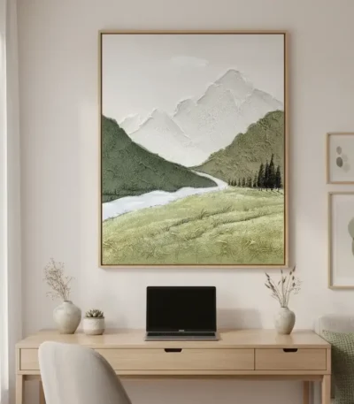 Contemporary landscape hand-painted canvas depicting snow-capped mountains, forested valleys, and a meandering river in muted greens and whites, modern workspace