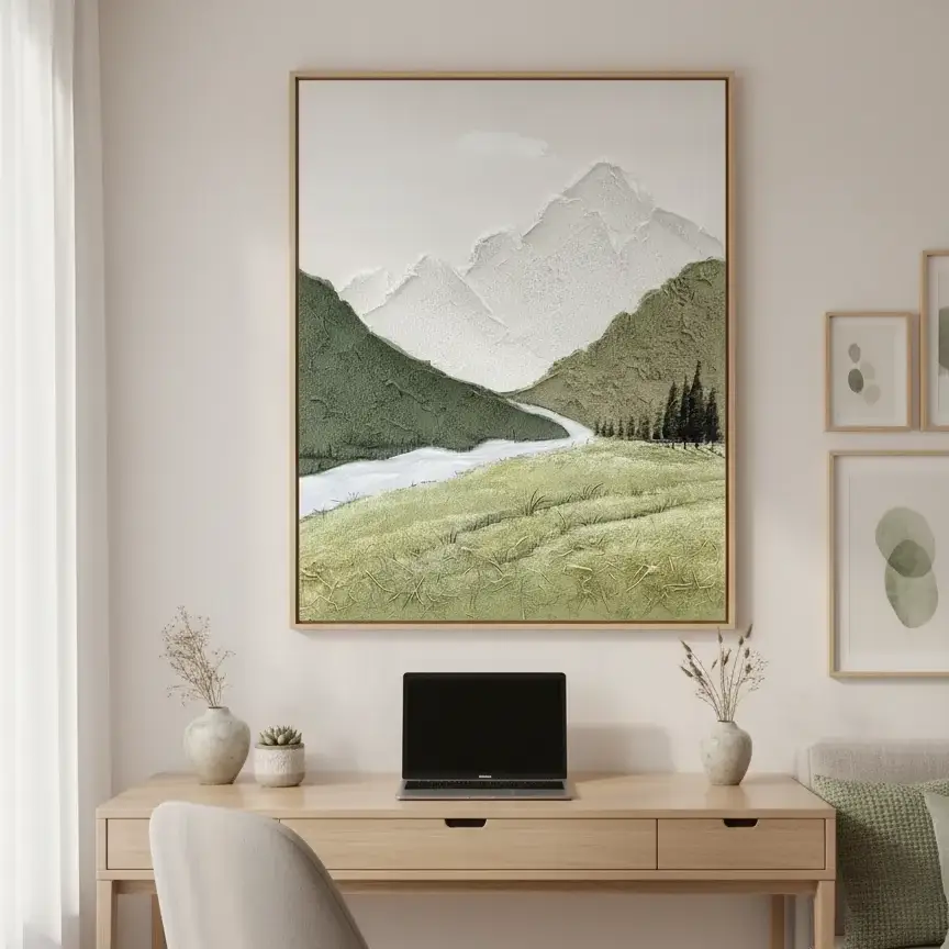 Serene Peak Reflection Plaster Mountains Textured art(1.5) Contemporary landscape hand-painted canvas depicting snow-capped mountains, forested valleys, and a meandering river in muted greens and whites, modern workspace