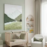 Textured landscape hand-painted canvas depicting snow-capped mountains, evergreen forest and meadow in soft greens and whites, nursery setting