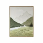 Contemporary landscape hand-painted canvas depicting snow-capped mountains, river, and evergreen forest in muted greens and whites