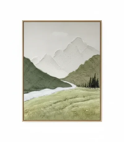 Contemporary landscape hand-painted canvas depicting snow-capped mountains, river, and evergreen forest in muted greens and whites