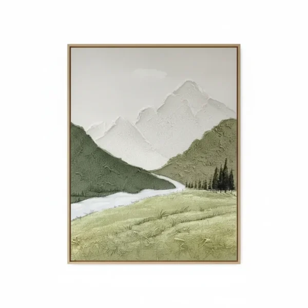 Contemporary landscape hand-painted canvas depicting snow-capped mountains, river, and evergreen forest in muted greens and whites