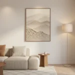 Textured landscape hand-painted canvas depicting layered mountains in cream and soft grey tones, contemporary living space