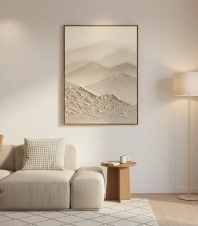 Textured landscape hand-painted canvas depicting layered mountains in cream and soft grey tones, contemporary living space