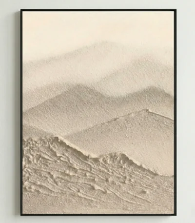 Minimalist textured landscape hand-painted canvas depicting layered mountains in soft beige and cream tones