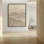 Minimalist landscape hand-painted canvas depicting layered mountains in soft beige and taupe tones, contemporary interior
