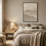 Minimalist landscape painting depicting layered mountains in soft sepia and cream tones, hand-painted canvas in contemporary bedroom