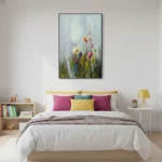 Impressionist hand-painted canvas depicting wildflowers in soft yellows, pinks and greens with misty background, modern bedroom