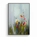 Impressionist hand-painted canvas depicting wildflowers in yellow, pink, and red against soft grey-white background