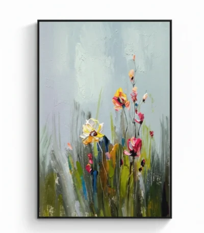 Impressionist hand-painted canvas depicting wildflowers in yellow, pink, and red against soft grey-white background