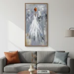 Gestural figurative hand-painted canvas depicting a woman in flowing white gown with reddish hair, muted blue and grey palette, contemporary living space