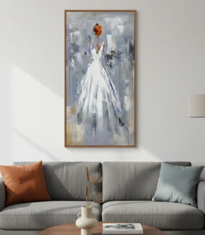 Gestural figurative hand-painted canvas depicting a woman in flowing white gown with reddish hair, muted blue and grey palette, contemporary living space
