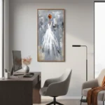 Gestural hand-painted canvas depicting a woman in flowing white gown with striking red hair, cool grey and blue tones, contemporary office setting