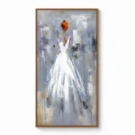 Contemporary figurative hand-painted canvas depicting woman in flowing white gown with vibrant red hair, cool grey and blue palette