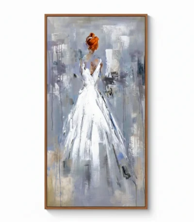 Contemporary figurative hand-painted canvas depicting woman in flowing white gown with vibrant red hair, cool grey and blue palette