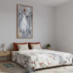 Contemporary figurative hand-painted canvas depicting woman in flowing white gown with warm terracotta hair tones, muted grey palette, modern bedroom