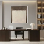 Minimalist hand-painted canvas with vertical charcoal lines and cream tonal washes, contemporary office space