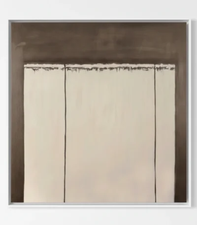 Minimalist hand-painted canvas with cream vertical panels and dark drip detailing on warm taupe background