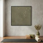 Minimalist hand-painted canvas depicting a flock of birds in flight against muted sage and cream tones, yoga studio setting