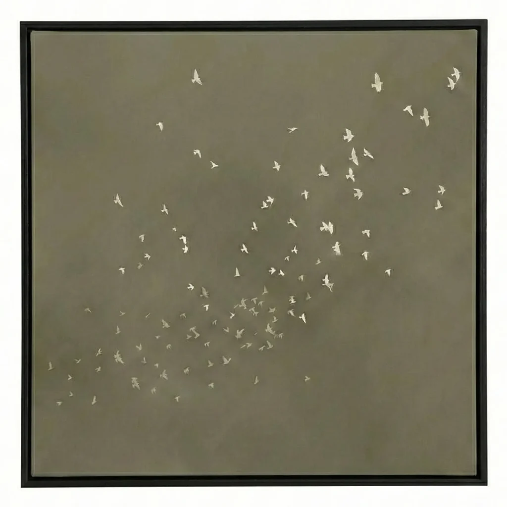 Minimalist painting of a dense murmuration of white birds against a solid khaki-olive ground, black frame
