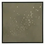 Minimalist hand-painted canvas depicting flock of birds in flight, cream silhouettes on muted sage background