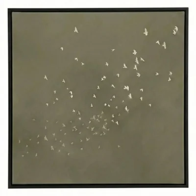 Minimalist painting of a dense murmuration of white birds against a solid khaki-olive ground, black frame