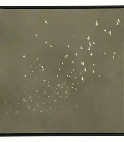 Minimalist hand-painted canvas depicting flock of birds in flight, cream silhouettes on muted sage background