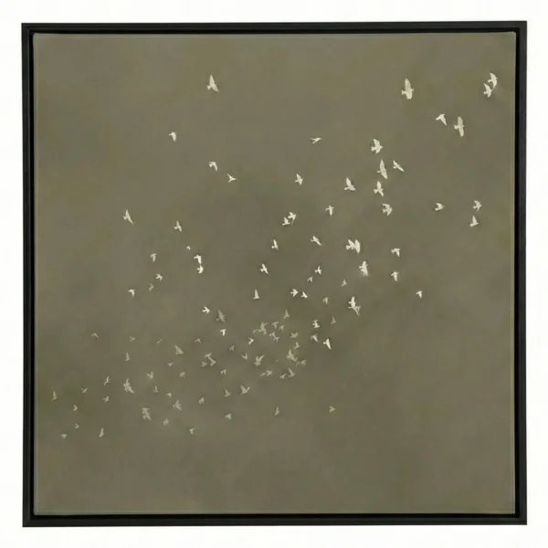 Minimalist hand-painted canvas depicting flock of birds in flight, cream silhouettes on muted sage background