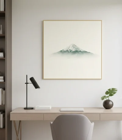 Minimalist landscape hand-painted canvas depicting a snow-capped mountain peak emerging from mist in soft greens and whites, contemporary workspace