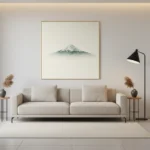 Minimalist hand-painted canvas depicting a snow-capped mountain peak in soft greens and grays, contemporary living space