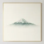 Minimalist landscape hand-painted canvas depicting snow-capped Mount Fuji in muted sage and cream tones, contemporary living space