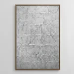 Textured abstract hand-painted canvas in layered white and grey gestural brushstrokes, contemporary living space