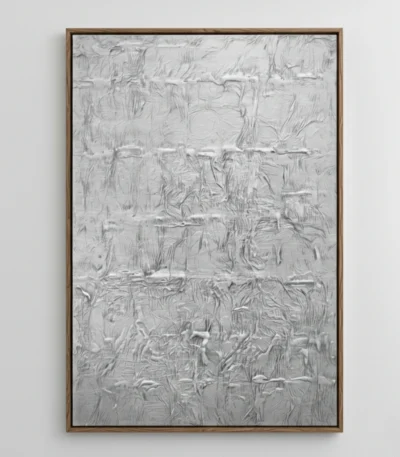 Textured abstract hand-painted canvas in layered white and grey gestural brushstrokes, contemporary living space