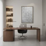 Textured monochrome hand-painted canvas with intricate gestural mark-making in grey tones, contemporary office space