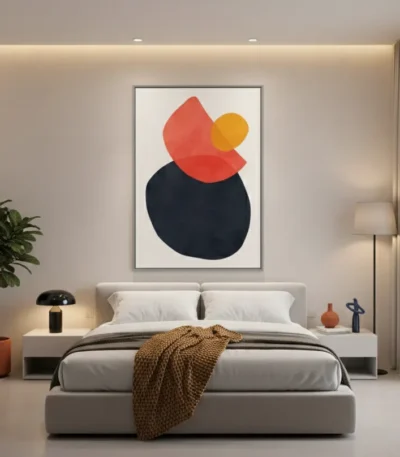 Contemporary abstract hand-painted canvas with layered geometric shapes in coral, navy, and golden yellow tones, modern bedroom