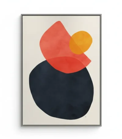 Contemporary abstract hand-painted canvas with layered geometric shapes in navy, coral, and golden yellow tones