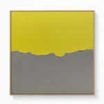 Minimalist hand-painted canvas with organic wavy horizon dividing soft yellow and muted grey tones