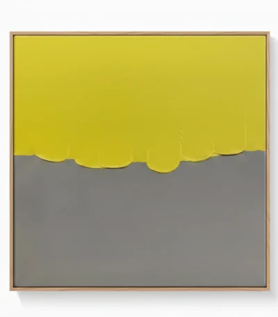 Minimalist hand-painted canvas with organic wavy horizon dividing soft yellow and muted grey tones