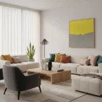 Minimalist abstract hand-painted canvas with soft yellow and grey horizontal composition, contemporary living space