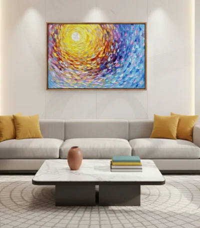 Gestural abstract expressionist hand-painted canvas with swirling yellow and blue brushstrokes, contemporary living space