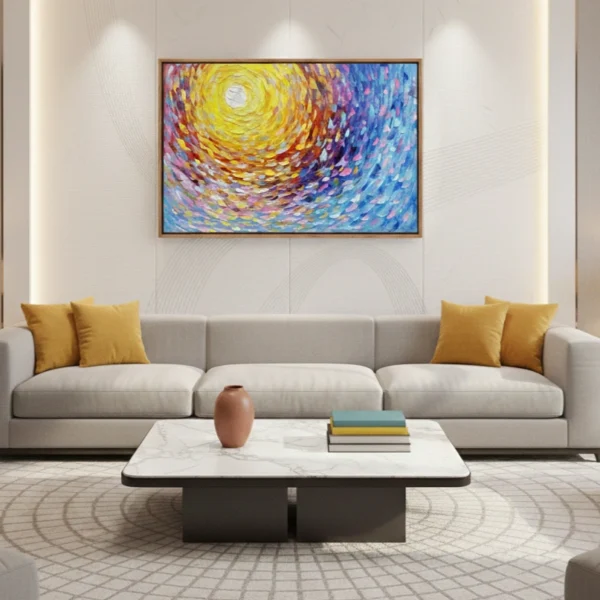 Gestural abstract expressionist hand-painted canvas with swirling yellow and blue brushstrokes, contemporary living space