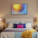 Impressionist hand-painted canvas with swirling yellow sun and vibrant multi-colored brushstrokes, modern bedroom setting